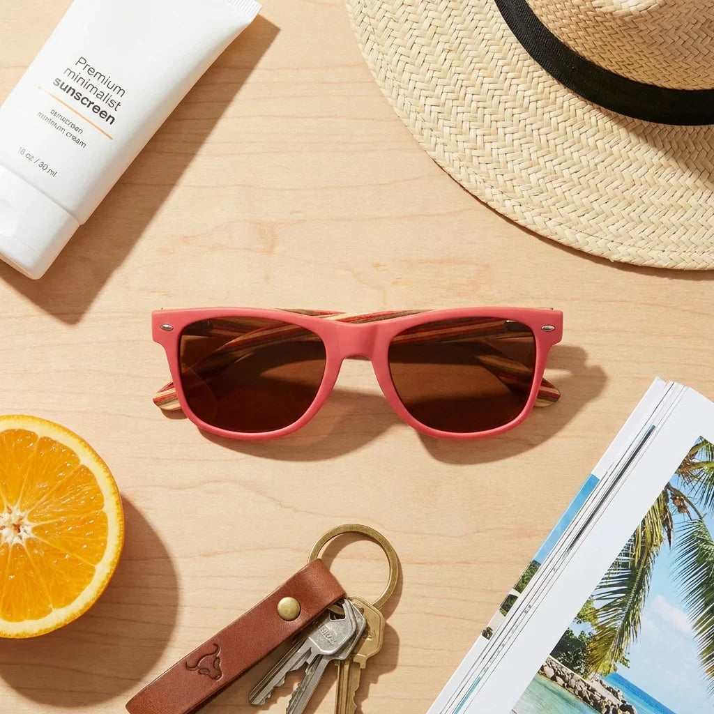 Lentes sol Acacia polarizados UV400 madera zebrano Rosado Brown flat lay summer essentials accesorios playa Bonoboss #editorial_detail2 #color_rosado-brown