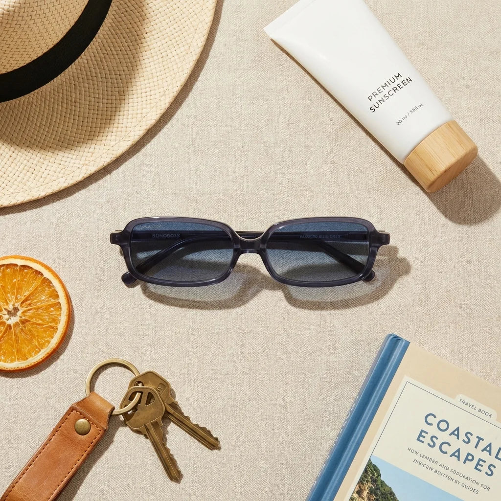 Lentes sol Navarino polarizados bio-acetato azul flat lay summer essentials playa accesorios verano Bonoboss #editorial_grid1 #color_azul