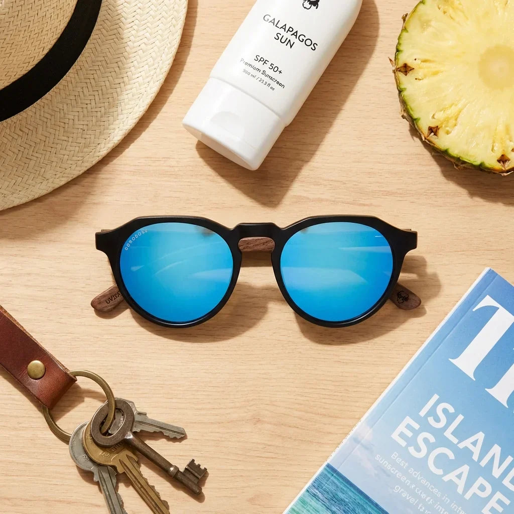 Lentes sol Galapagos polarizados acetato madera negro sky flat lay summer essentials accesorios playa Bonoboss #editorial_detail2 #color_negro-sky