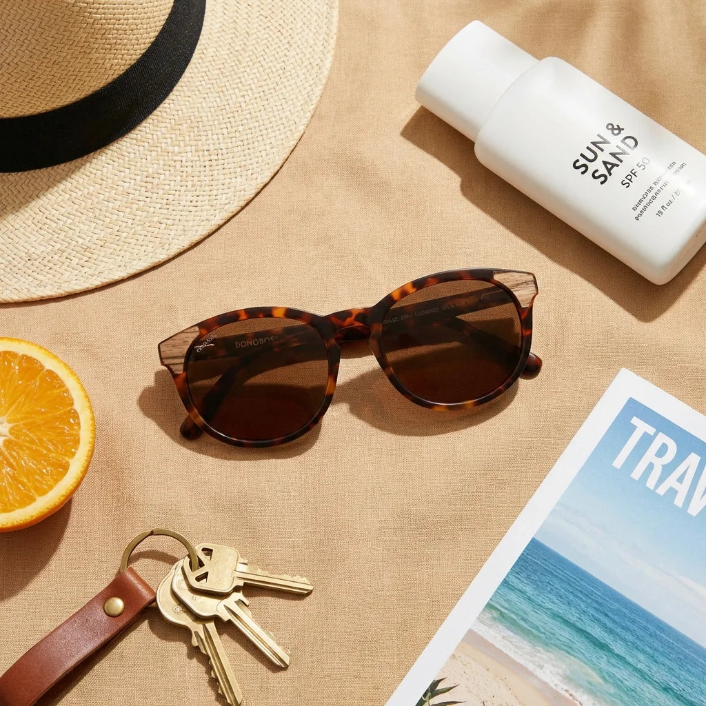 Lenses sun chiloe 0084 polarized bio-acetate tortoise summer essentials flat lay playa accesorios verano bonoboss #editorial_grid1 #color_carey