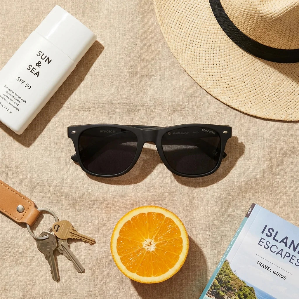 Lenses sun acacia dark polarized wood acacia black summer essentials flat lay playa accesorios verano bonoboss #editorial_detail2 #color_negro