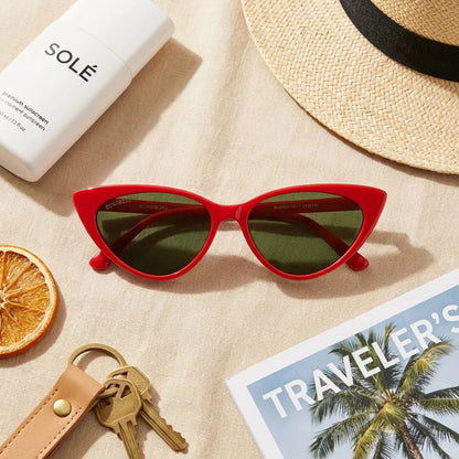 Lentes sol Audrey Red polarizados rojo flat lay summer essentials accesorios playa Bonoboss #editorial_detail2 #color_rojo