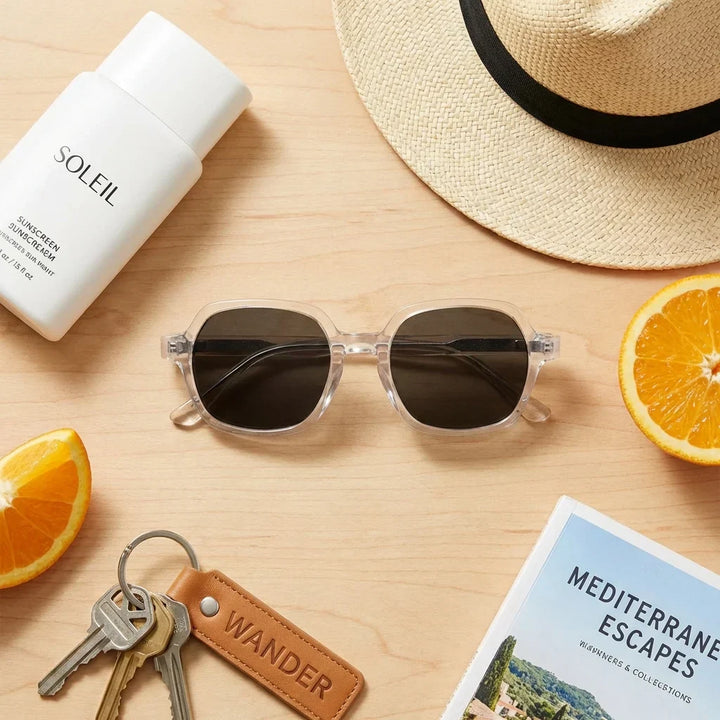 Lenses sun canarias polarized UV400 bio-acetate clear summer essentials flat lay beach accessories bonoboss #editorial_detail2 #color_transparente