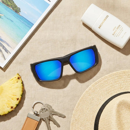 Lentes sol Salmon Seeker polarizados bio-acetato sky flat lay summer essentials outdoor pesca aventura verano Bonoboss #editorial_detail2 #color_sky