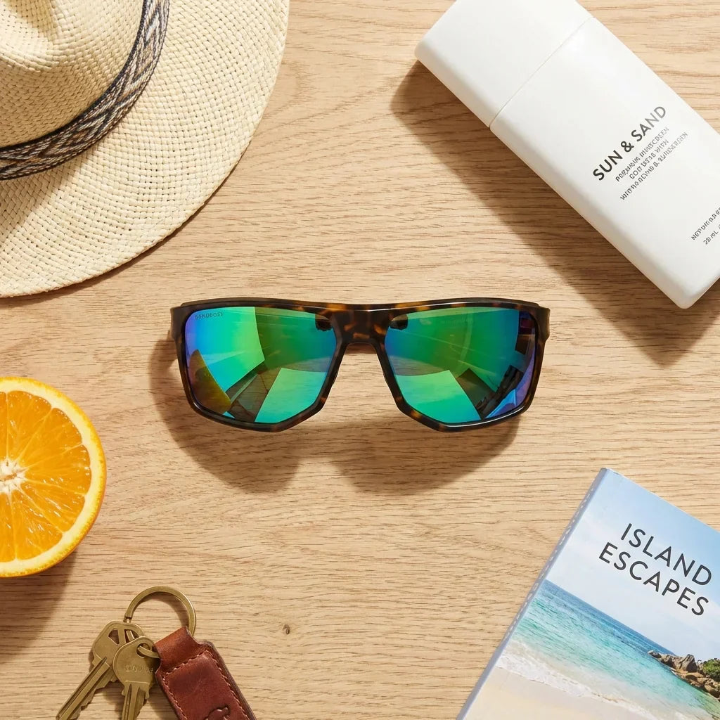 Lenses sun ollie polarized bio-acetate biodegradable mirrored green summer essentials flat lay playa bonoboss #editorial_detail2 #color_espejado-verde