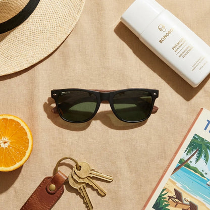 Lentes sol Acacia Nogal polarizados G15 flat lay summer essentials accesorios playa Bonoboss #editorial_detail2 #color_g15