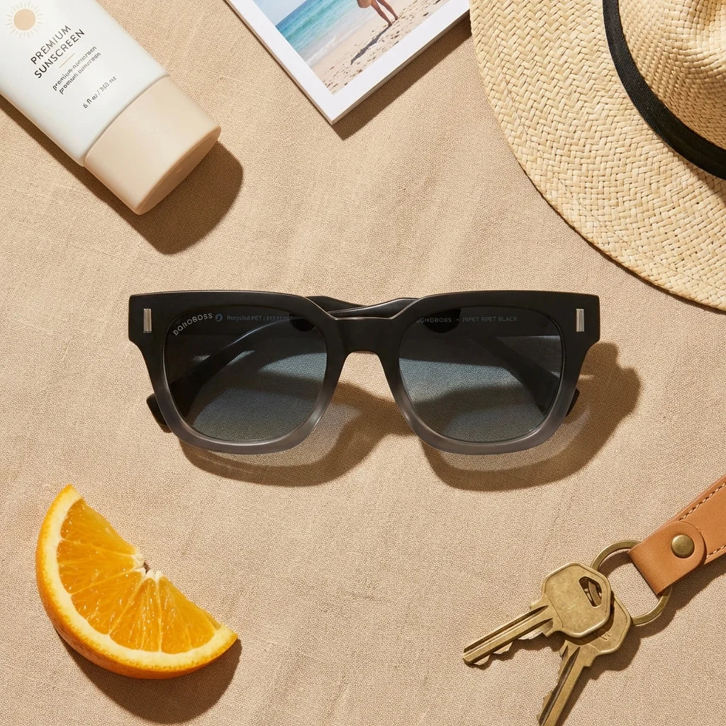 Lentes sol Osorno RPET polarizados reciclado grad black flat lay summer essentials playa accesorios Bonoboss #editorial_detail2 #color_black