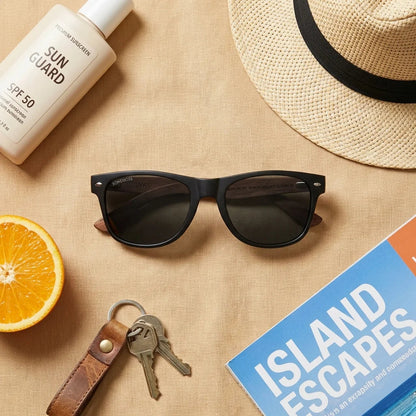 Lentes sol Acacia Nogal polarizados smoke flat lay summer essentials accesorios playa Bonoboss #editorial_detail2 #color_smoke