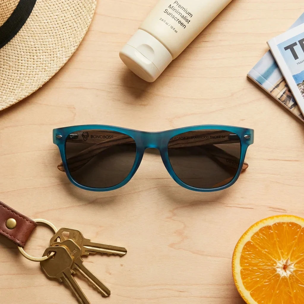 Lenses sun acacia polarized UV400 wood zebrawood ocean smoke summer essentials flat lay beach accessories bonoboss #editorial_detail2 #color_ocean-smoke