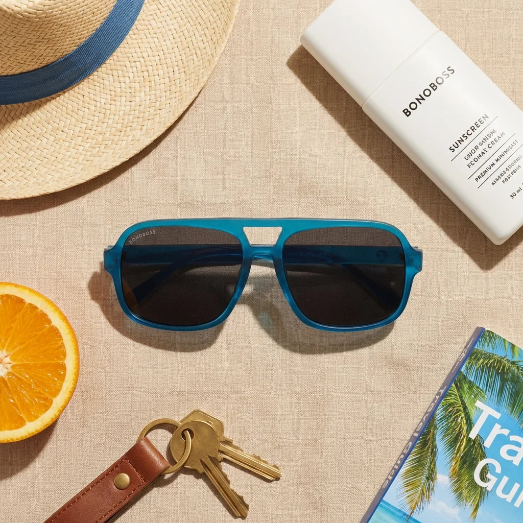 Lentes sol Orson RPET polarizados reciclado ocean flat lay summer essentials playa accesorios verano Bonoboss #editorial_detail2 #color_ocean