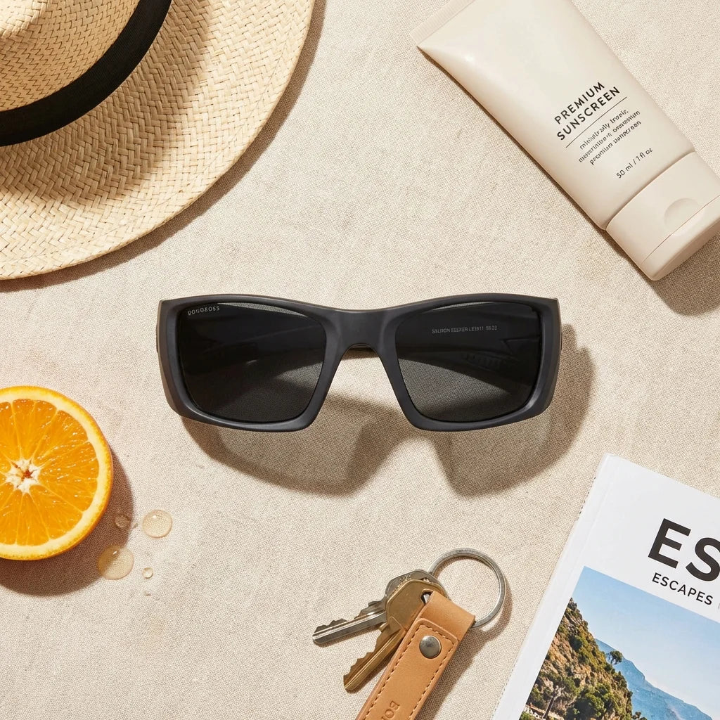 Lentes sol Salmon Seeker polarizados bio-acetato dark flat lay essentials pesca outdoor aventura verano Bonoboss #editorial_detail2 #color_dark