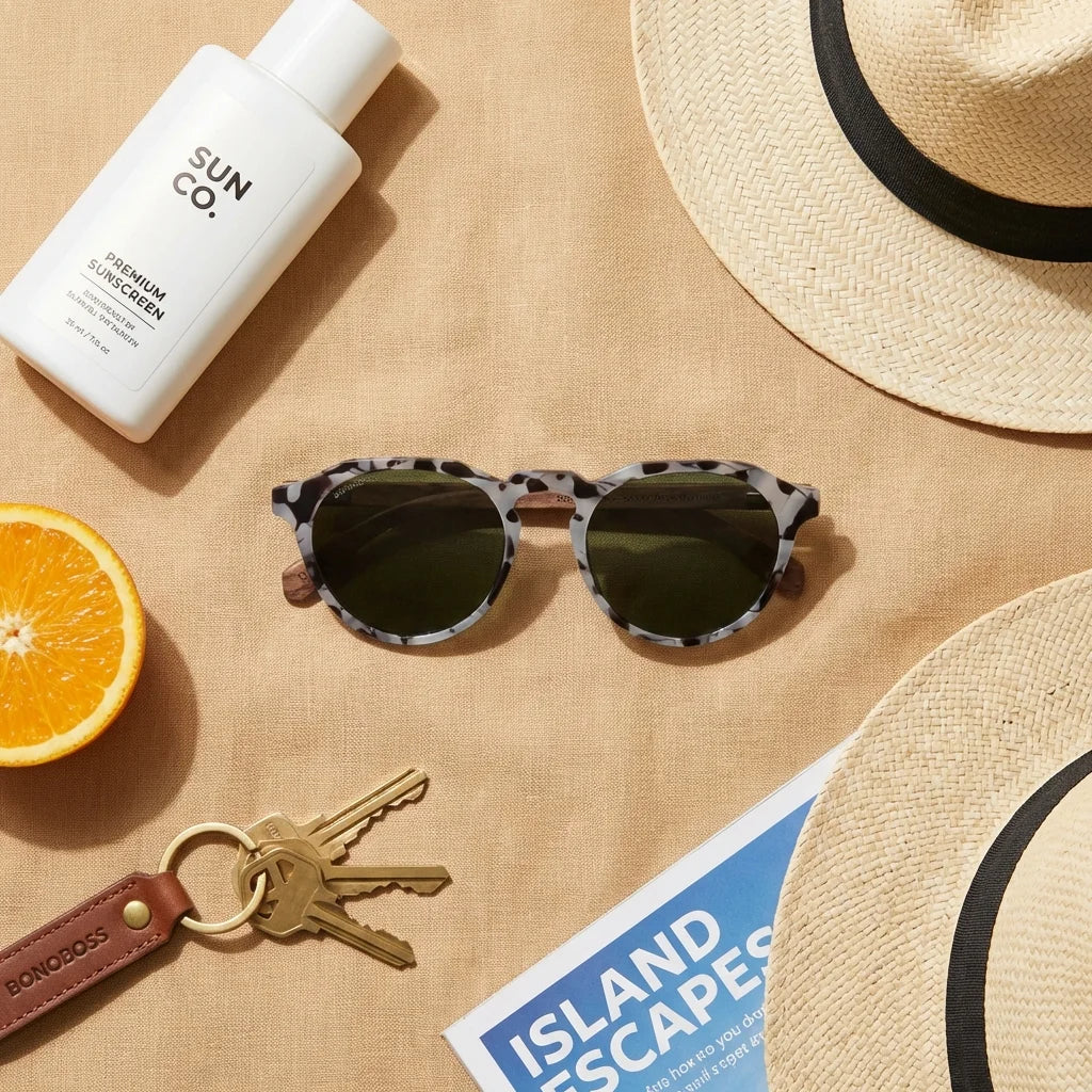 Lenses sun galapagos polarized acetate wood tortoise botanical composition hoja monstera tropical bonoboss #editorial_grid2 #color_carey
