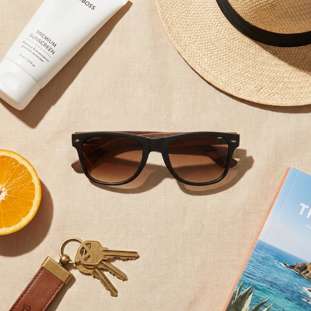 Lentes sol Acacia Nogal polarizados gradiente cafe flat lay summer essentials accesorios playa Bonoboss #editorial_detail2 #color_gradiente-cafe