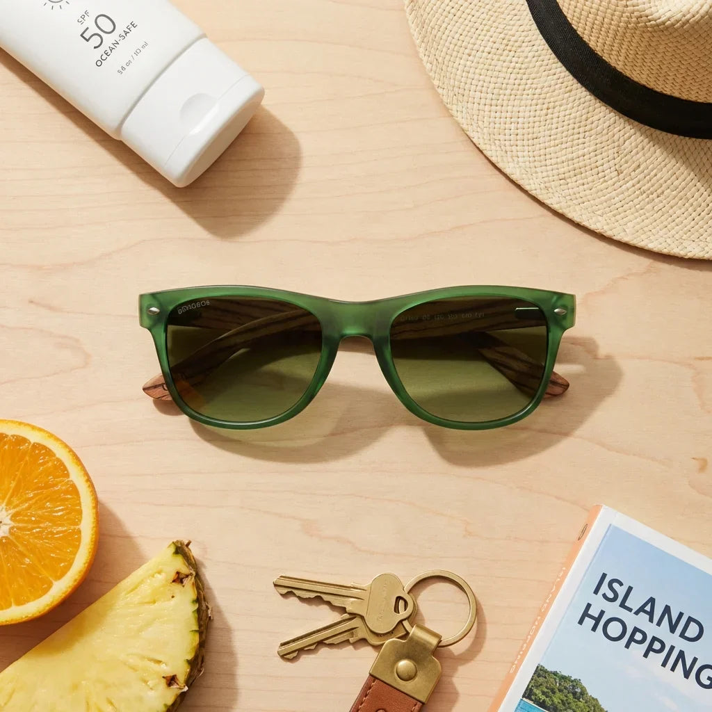 Lentes sol Acacia polarizados UV400 madera zebrano Forest Gradiente Olive flat lay summer essentials accesorios playa Bonoboss #editorial_detail2 #color_forest-gradiente-olive