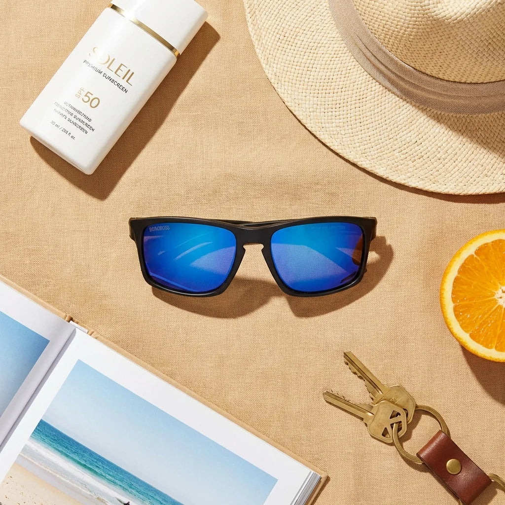 Lentes sol Lautaro RPET polarizados RPET reciclado azul flat lay summer essentials accesorios playa Bonoboss #editorial_detail2 #color_azul