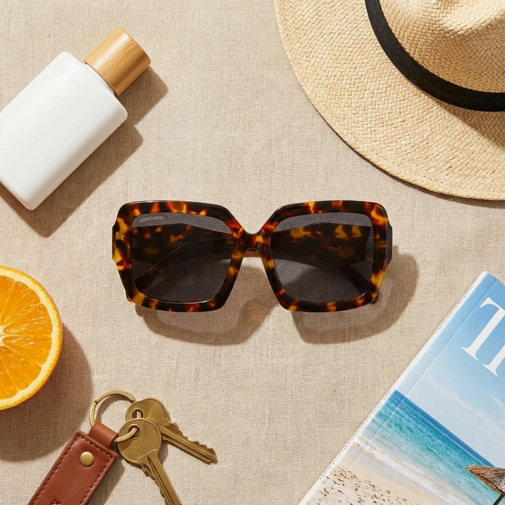 Lenses sun alaska polarized tortoise summer essentials flat lay beach accessories bonoboss #editorial_detail2 #color_carey