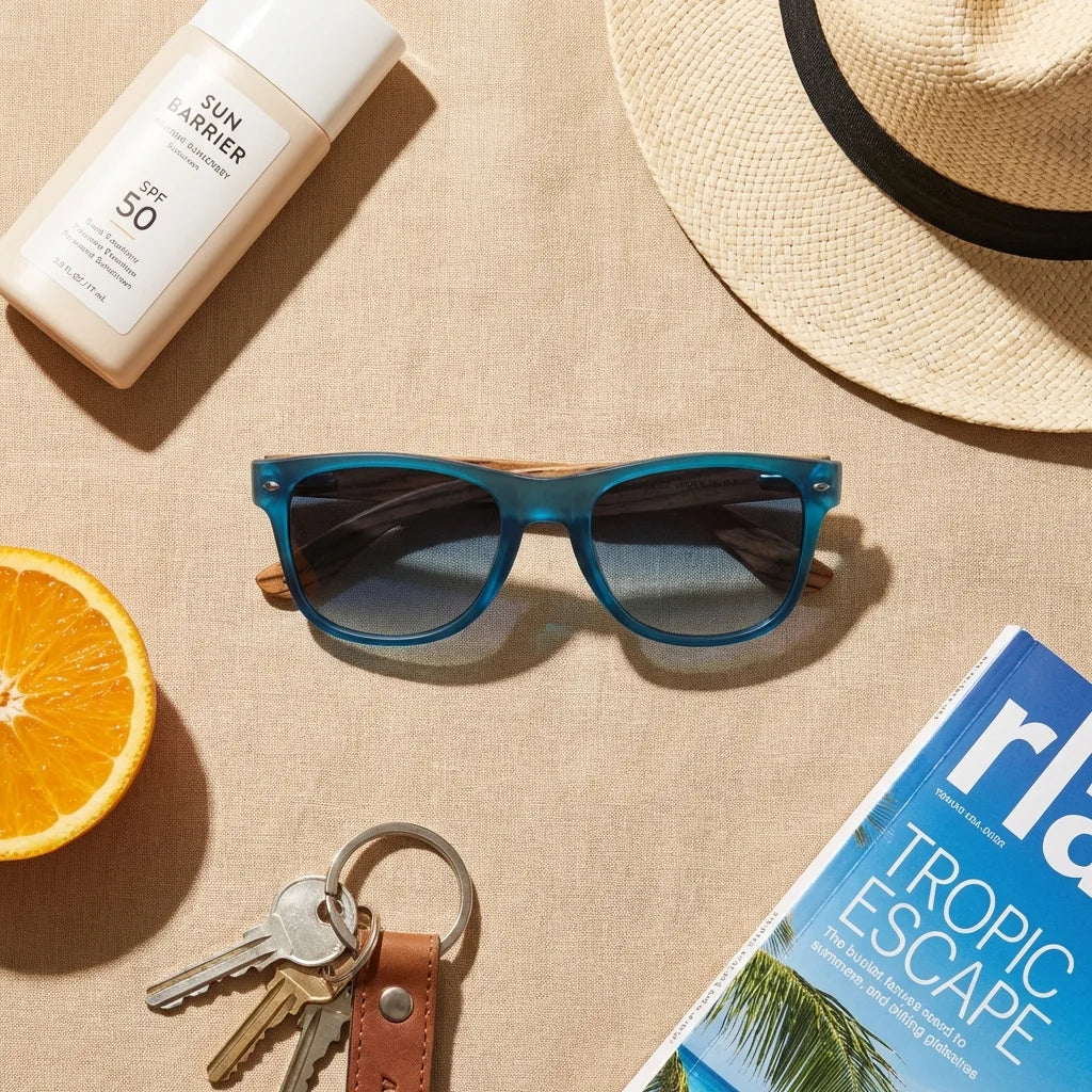 Lentes sol Acacia polarizados UV400 madera zebrano Ocean Gradiente Azul flat lay summer essentials accesorios playa Bonoboss #editorial_detail2 #color_ocean-gradiente-azul