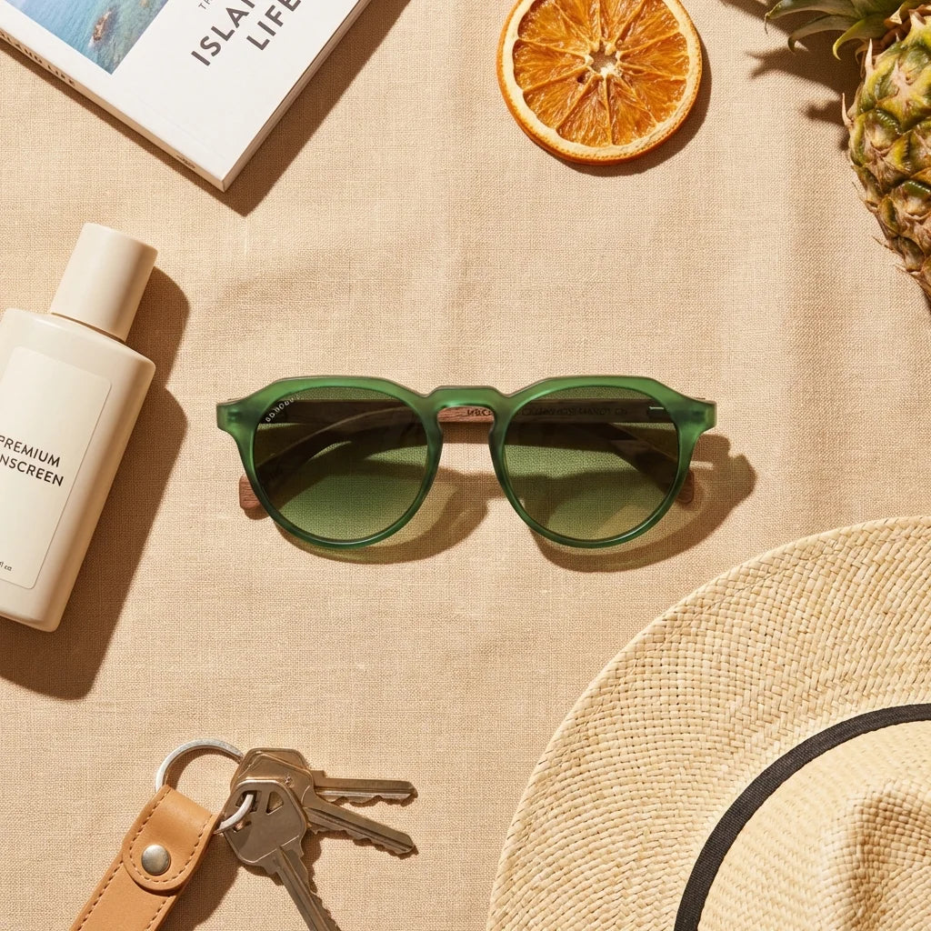 Lentes sol Galapagos polarizados acetato madera forest flat lay summer essentials accesorios playa Bonoboss #editorial_detail2 #color_forest