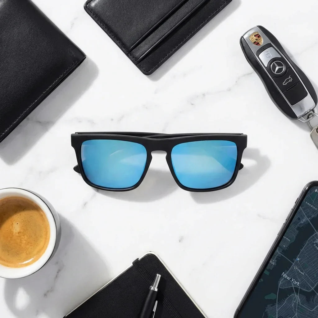 Men wearing lenses sun lautaro dark designer's wood polarized waves-sky aventura outdoor sendero naturaleza UV protection bonoboss #editorial_detail1 #color_waves-sky