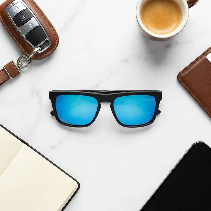 Lenses sun lautaro dark polarized UV400 acetate mirrored green sobre black leather premium brass detail bonoboss #editorial_polarizado #color_espejado-verde