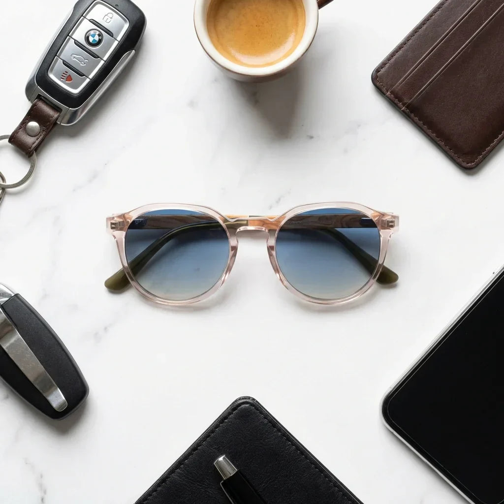 Men wearing lenses sun galapagos wood nogal polarized clear men in playa sun protection UV400 bonoboss #editorial_detail1 #color_transparente