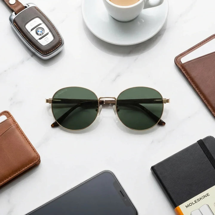 Lentes de sol polarizados Harry Gold, armazón de acero y madera, en una composición urbana de accesorios de uso diario #editorial_detail2 #color_g15
