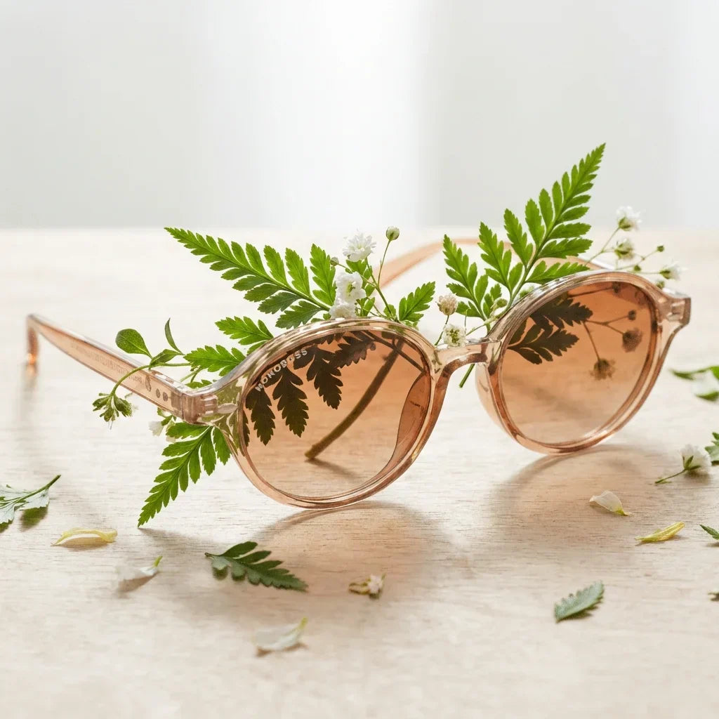 Lenses sun capri polarized rpet recycled champagne entre hojas botanicas lens detail green sustainable bonoboss #editorial_grid2 #color_champagne