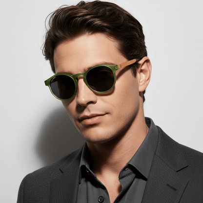 vista lateral de un modelo hombre de cara ovalada usando unos anteojos anteojos gafas de sol polarizadas de forma redonda y con puente para narices anchas hechas de plastico reciclado sustentable ecologico personalizada y patas de madera de #color_verde