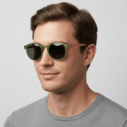 vista lateral de un modelo hombre de cara ovalada usando unos anteojos anteojos gafas de sol polarizadas de forma redonda y con puente para narices anchas hechas de plastico reciclado sustentable ecologico personalizada y patas de madera de #color_verde