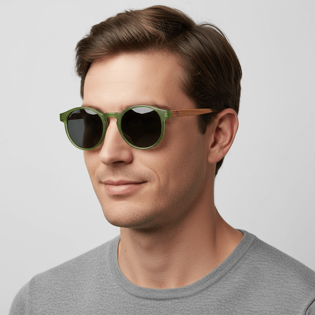 Side view a modelo men cara ovalada wearing unos eyeglasses eyeglasses sunglasses polarized forma redonda and with puente for narices anchas hechas recycled plastic sustainable ecologico personalizada and wooden temples de Bonoboss #color_verde
