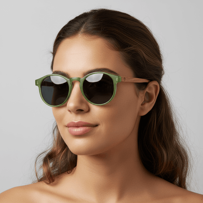 vista lateral de una modelo mujer de cara redonda usando unos anteojos anteojos gafas de sol polarizadas de forma redonda y con puente para narices anchas hechas de plastico reciclado sustentable ecologico personalizada y patas de madera de #color_verde