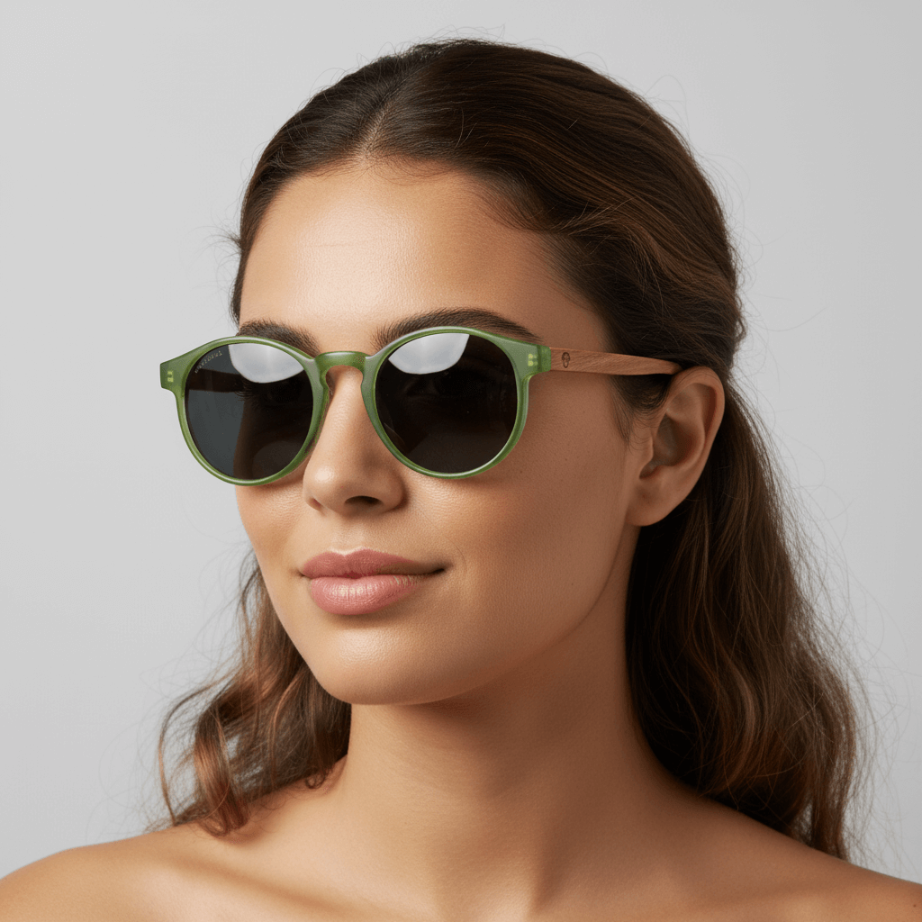 Side view a modelo women round face wearing unos eyeglasses eyeglasses sunglasses polarized forma redonda and with puente for narices anchas hechas recycled plastic sustainable ecologico personalizada and wooden temples de Bonoboss #color_verde