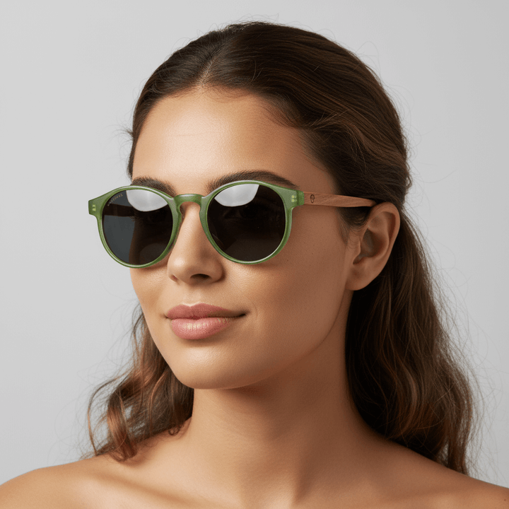 Side view a modelo women round face wearing unos eyeglasses eyeglasses sunglasses polarized forma redonda and with puente for narices anchas hechas recycled plastic sustainable ecologico personalizada and wooden temples de Bonoboss #color_verde