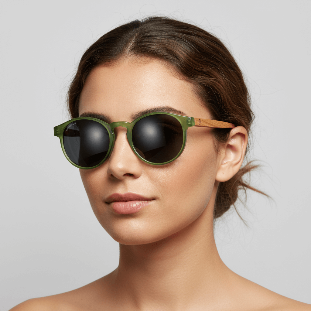 Side view a modelo women round face wearing unos eyeglasses eyeglasses sunglasses polarized forma redonda and with puente for narices anchas hechas recycled plastic sustainable ecologico personalizada and wooden temples de Bonoboss #color_verde