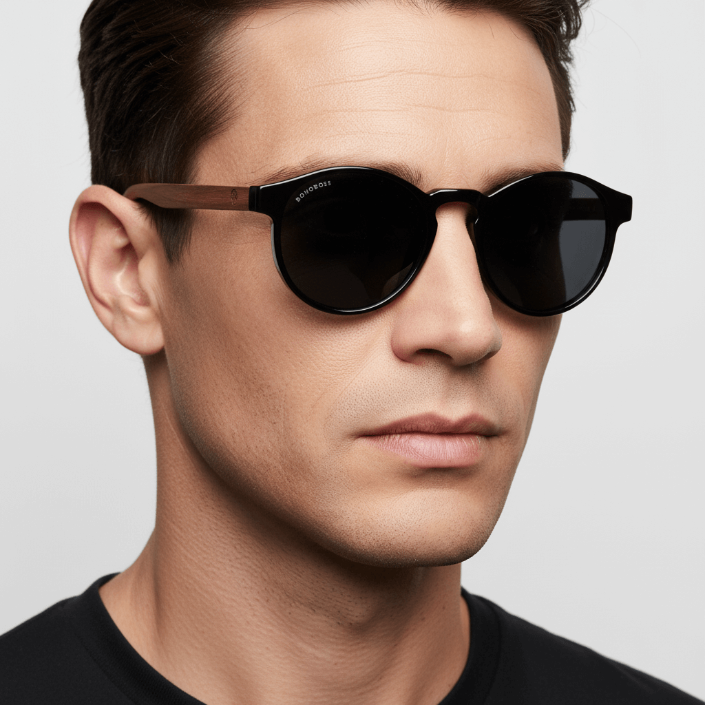 Angled view a modelo men cara ovalada wearing unos eyeglasses sunglasses polarized forma redonda and with puente for narices anchas hechas recycled plastic sustainable ecologico personalizada de Bonoboss #color_negro