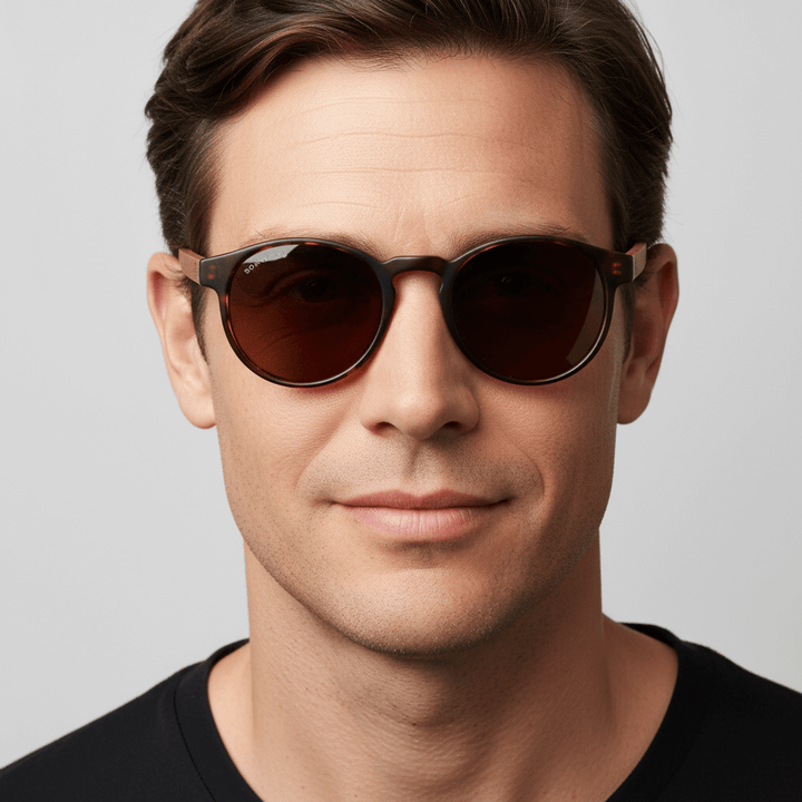 Front view a modelo men cara ovalada wearing unos eyeglasses sunglasses polarized forma redonda and with puente for narices anchas hechas recycled plastic sustainable ecologico personalizada and wooden temples de Bonoboss #color_carey