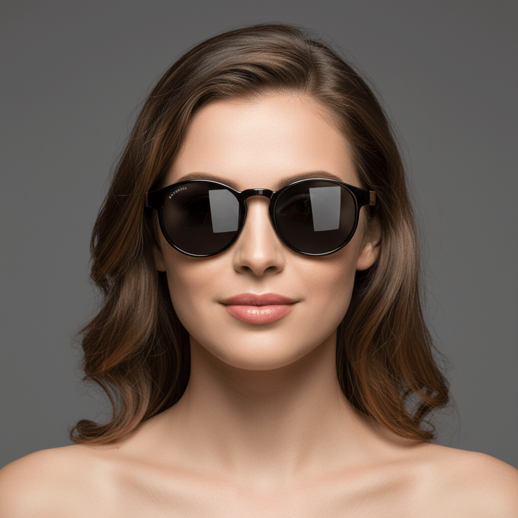 Front view a modelo women men cara ovalada wearing unos eyeglasses sunglasses polarized forma redonda and with puente for narices anchas hechas recycled plastic sustainable ecologico personalizada de Bonoboss #color_negro