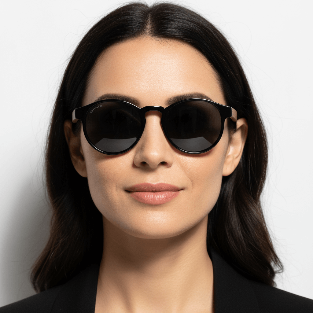 Front view a modelo women round face wearing unos eyeglasses sunglasses polarized forma redonda and with puente for narices anchas hechas recycled plastic sustainable ecologico personalizada de Bonoboss #color_negro