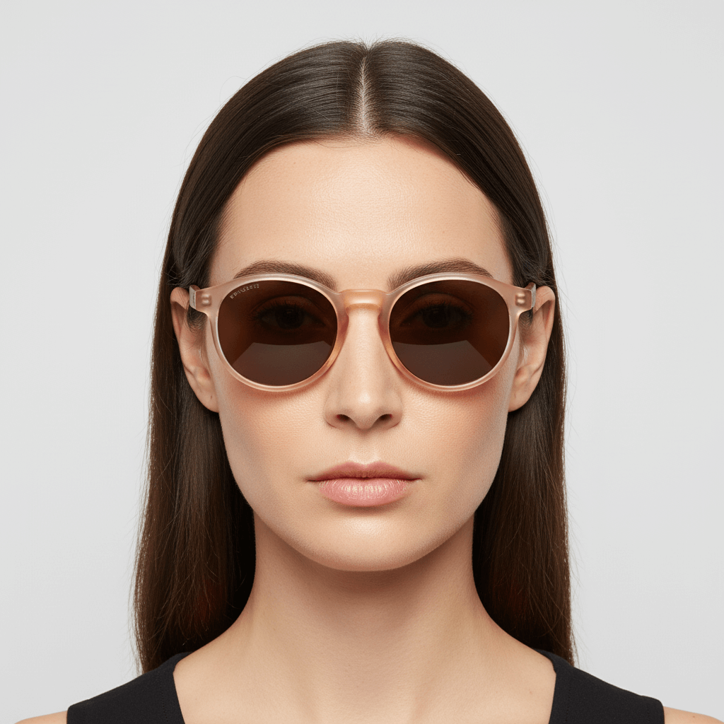 La front view a women cara ovalada wearing unos eyeglasses eyeglasses sunglasses polarized forma redonda and with puente for narices anchas hechas recycled plastic sustainable ecologico personalizada and wooden temples de Bonoboss #color_rosa