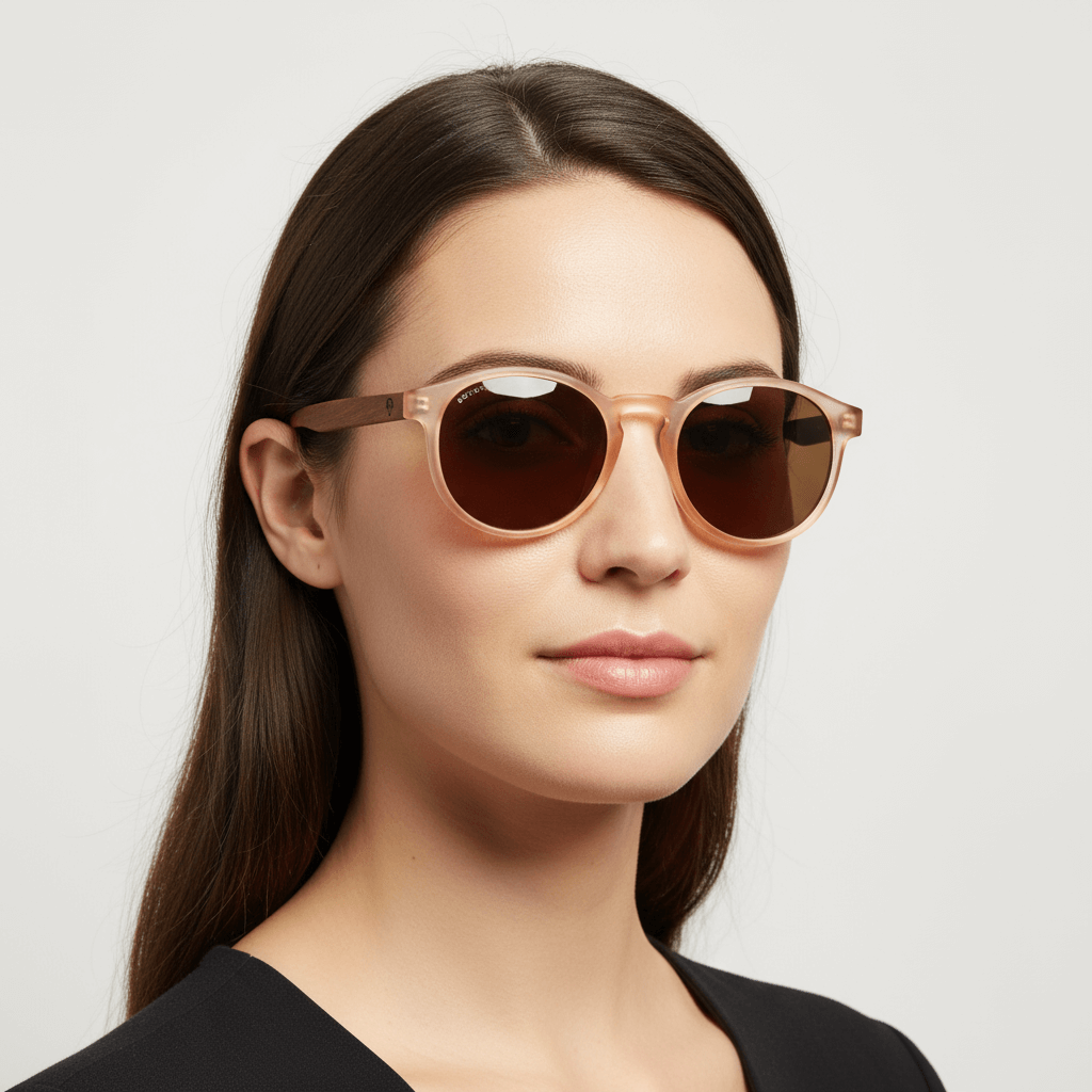 La side view a women cara ovalada wearing unos eyeglasses eyeglasses sunglasses polarized forma redonda and with puente for narices anchas hechas recycled plastic sustainable ecologico personalizada and wooden temples de Bonoboss #color_rosa