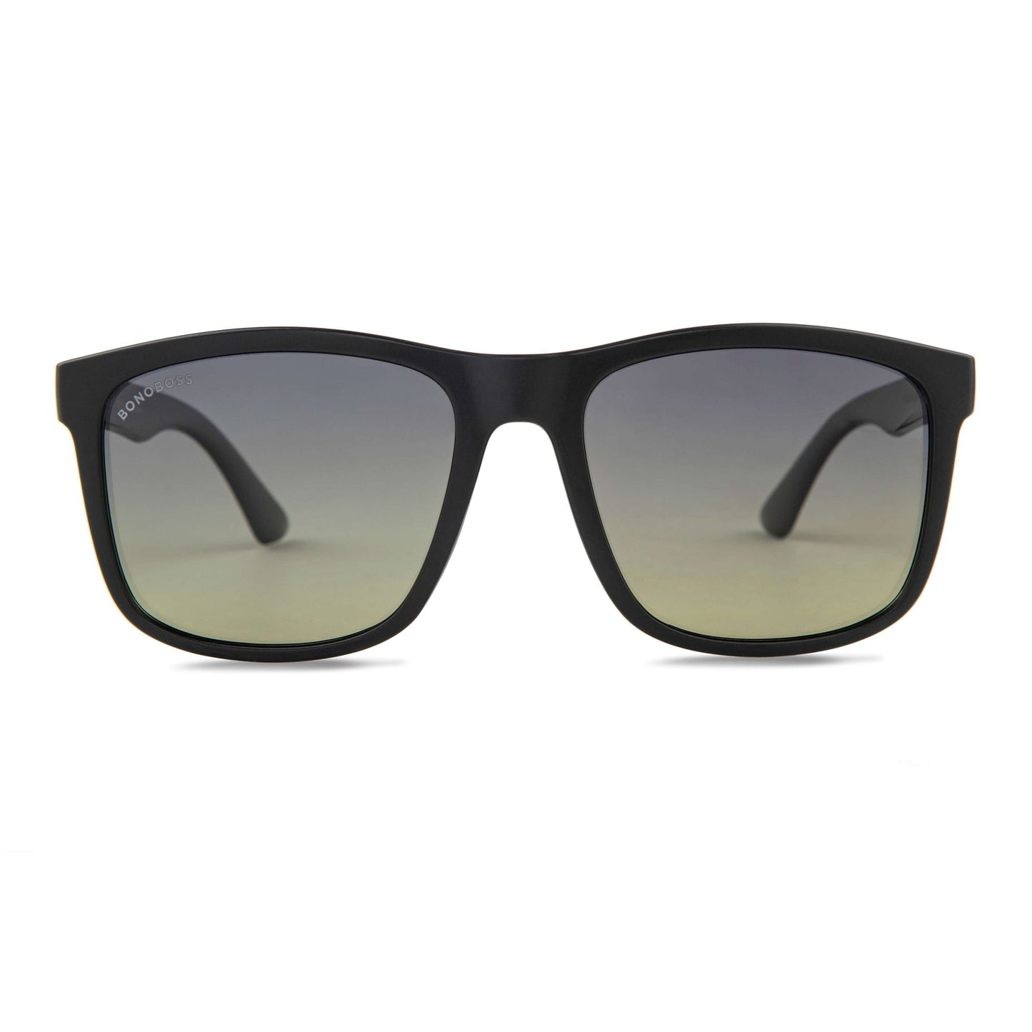 lentes de sol polarizados hechos con botellas plasticas recicladas para hombre y mujer de color negro con lentes degradé verde olivo vista frontal #color_black