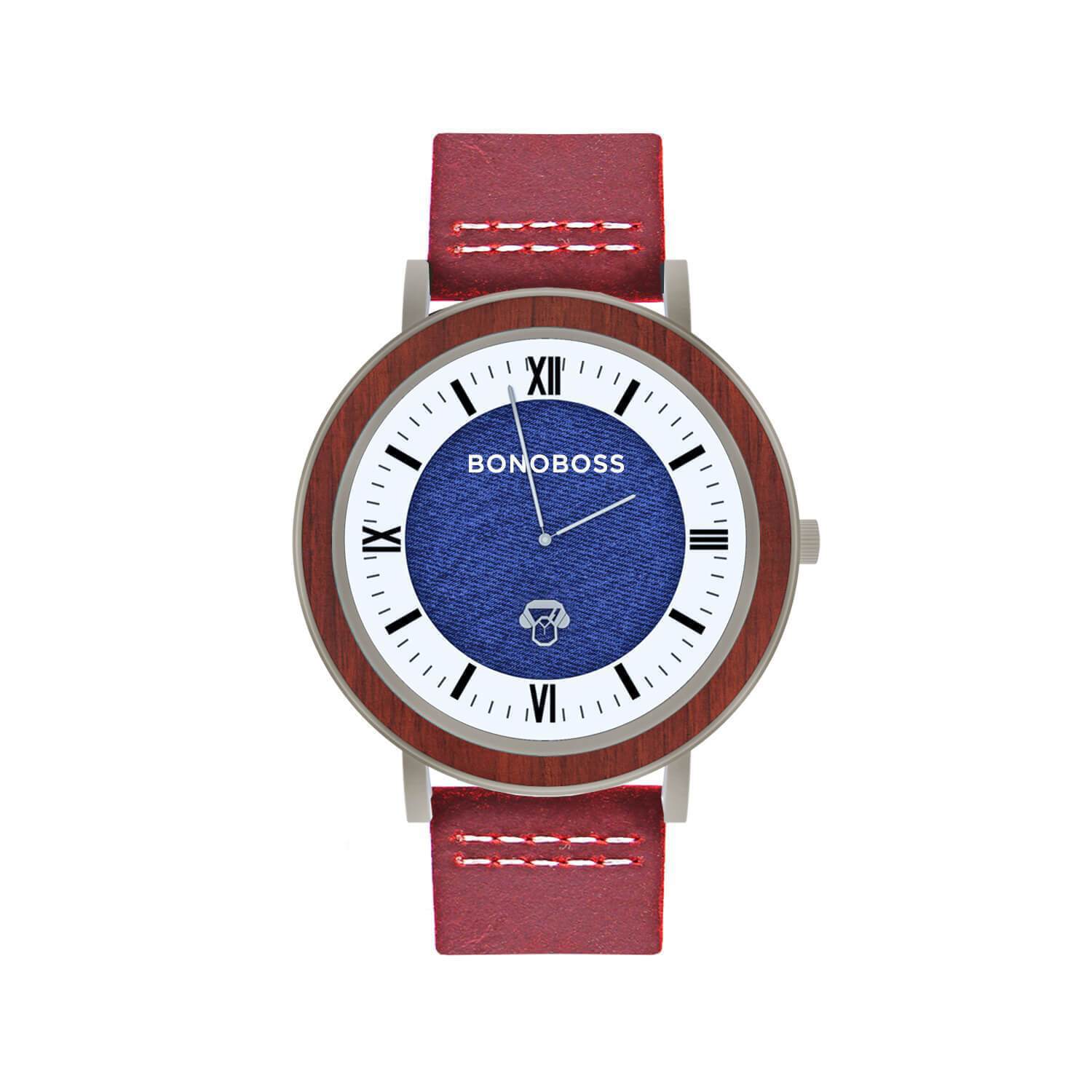 reloj de acero inoxidable y madera con correa de cuero roja para hombre y mujer