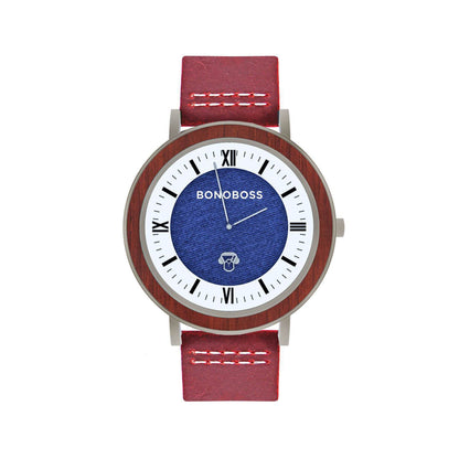 reloj de acero inoxidable y madera con correa de cuero roja para hombre y mujer