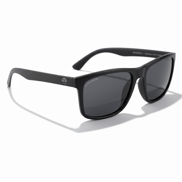 La side view unos eyeglasses sunglasses polarized recycled plastic with color lenses black and marco de Bonoboss #color_dark