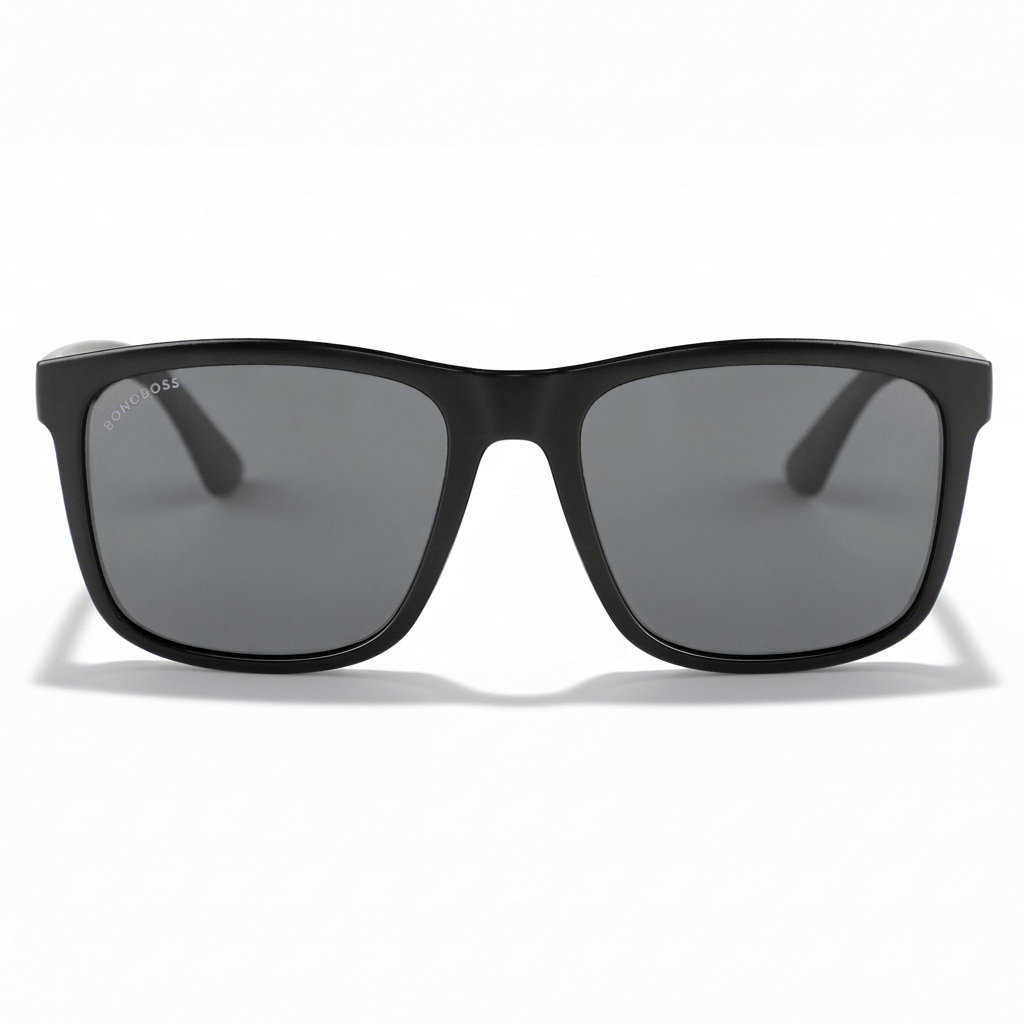 La front view unos eyeglasses sunglasses polarized recycled plastic with color lenses black and marco de Bonoboss #color_dark