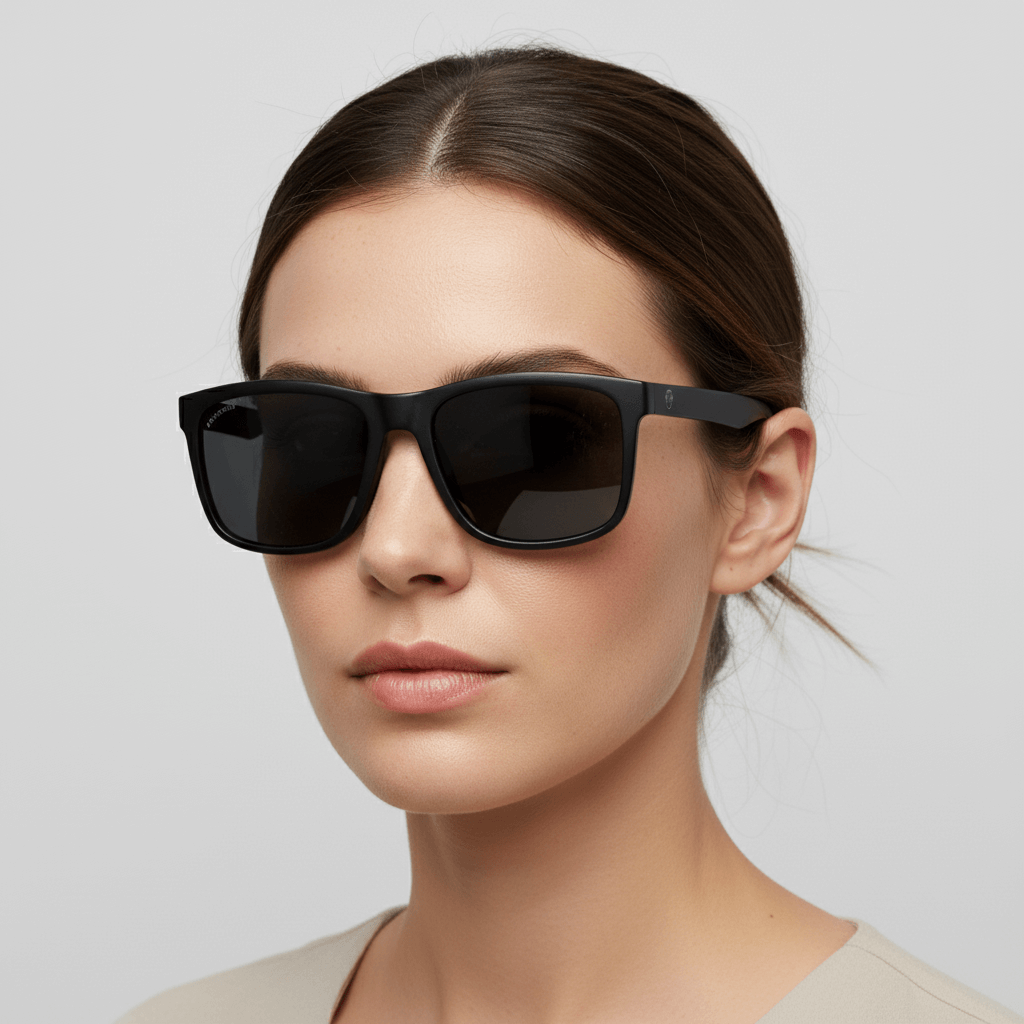 La side view a women wearing eyeglasses sunglasses polarized recycled plastic with color lenses black and marco de Bonoboss #color_dark