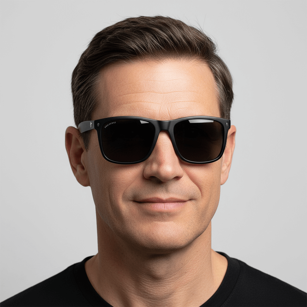 La front view a men disfrutando unos eyeglasses sunglasses polarized recycled plastic with color lenses black and marco de Bonoboss #color_dark