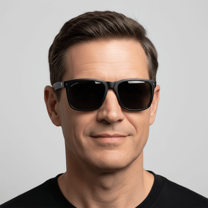 La front view a men disfrutando unos eyeglasses sunglasses polarized recycled plastic with color lenses black and marco de Bonoboss #color_dark