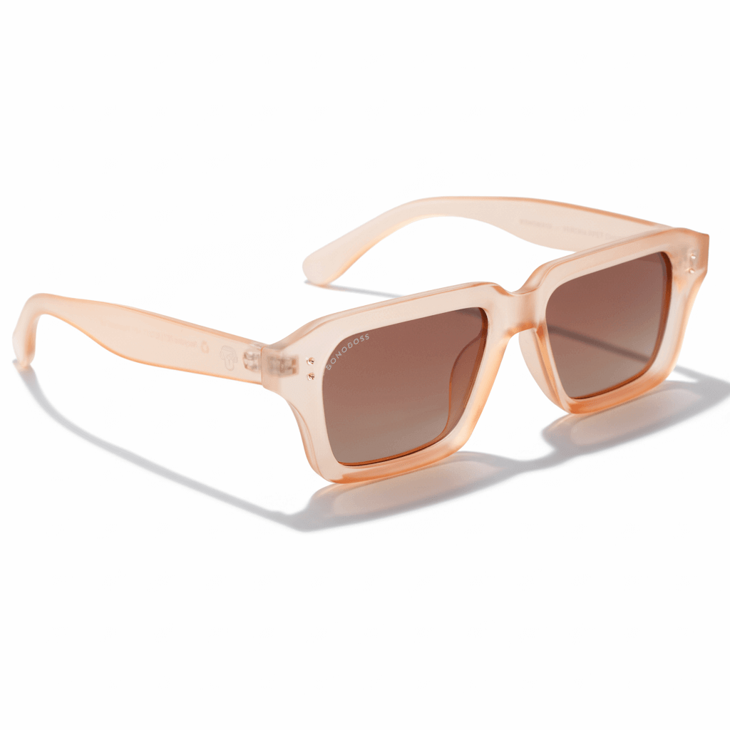 La angled view unos eyeglasses sunglasses polarizads recycled plastic sustainable personalizada for corporate gift de Bonoboss #color_champagne