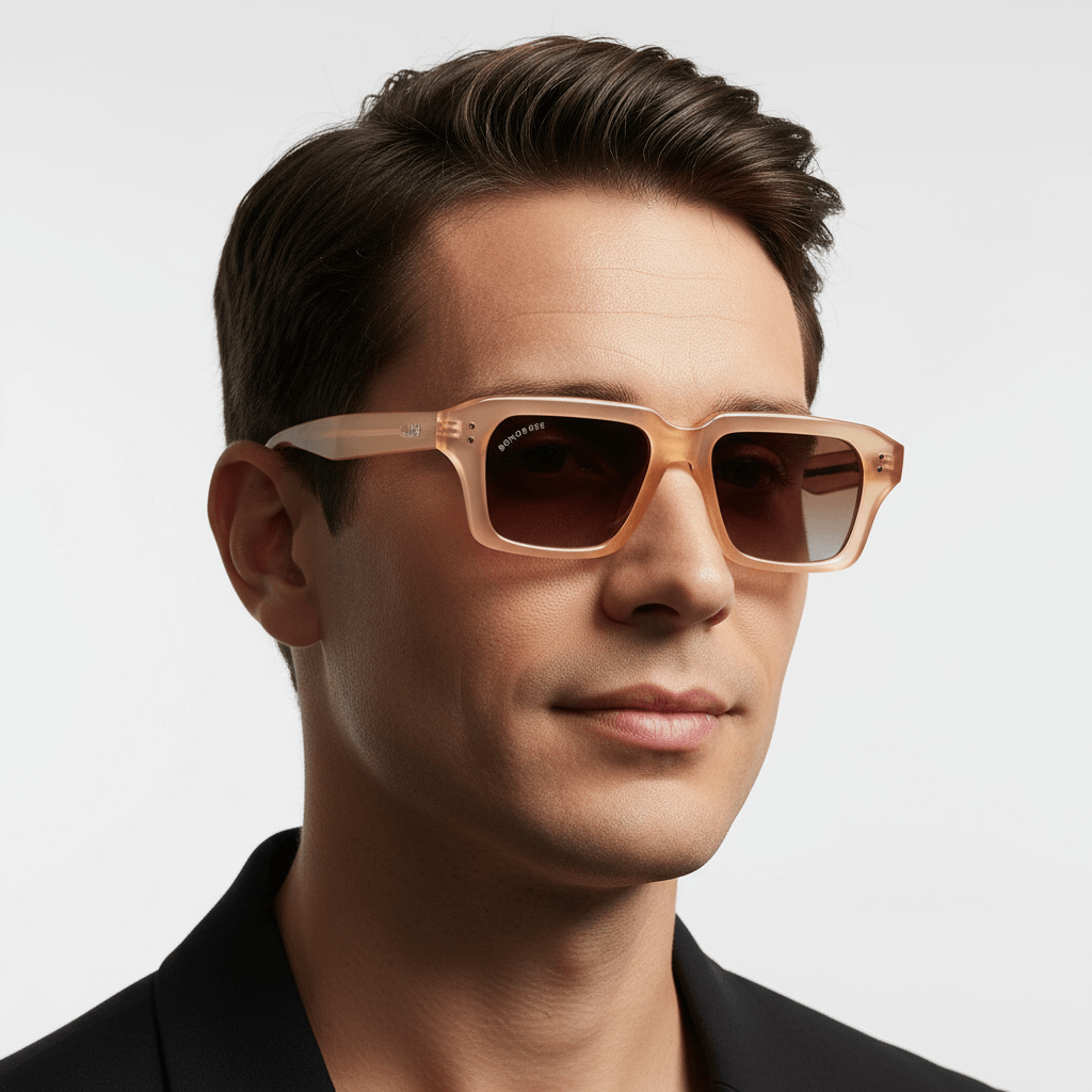 la vista lateral de un modelo hombre de cara redonda cuadrada usando unos anteojos gafas de sol polarizads de plastico reciclado sustentable personalizada para regalo corporativo de #color_champagne